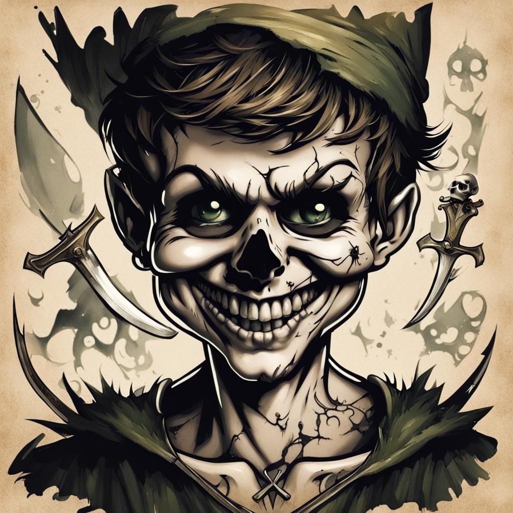 Peter Pan, a twisted smile, showing a skull tattoo. His once...
