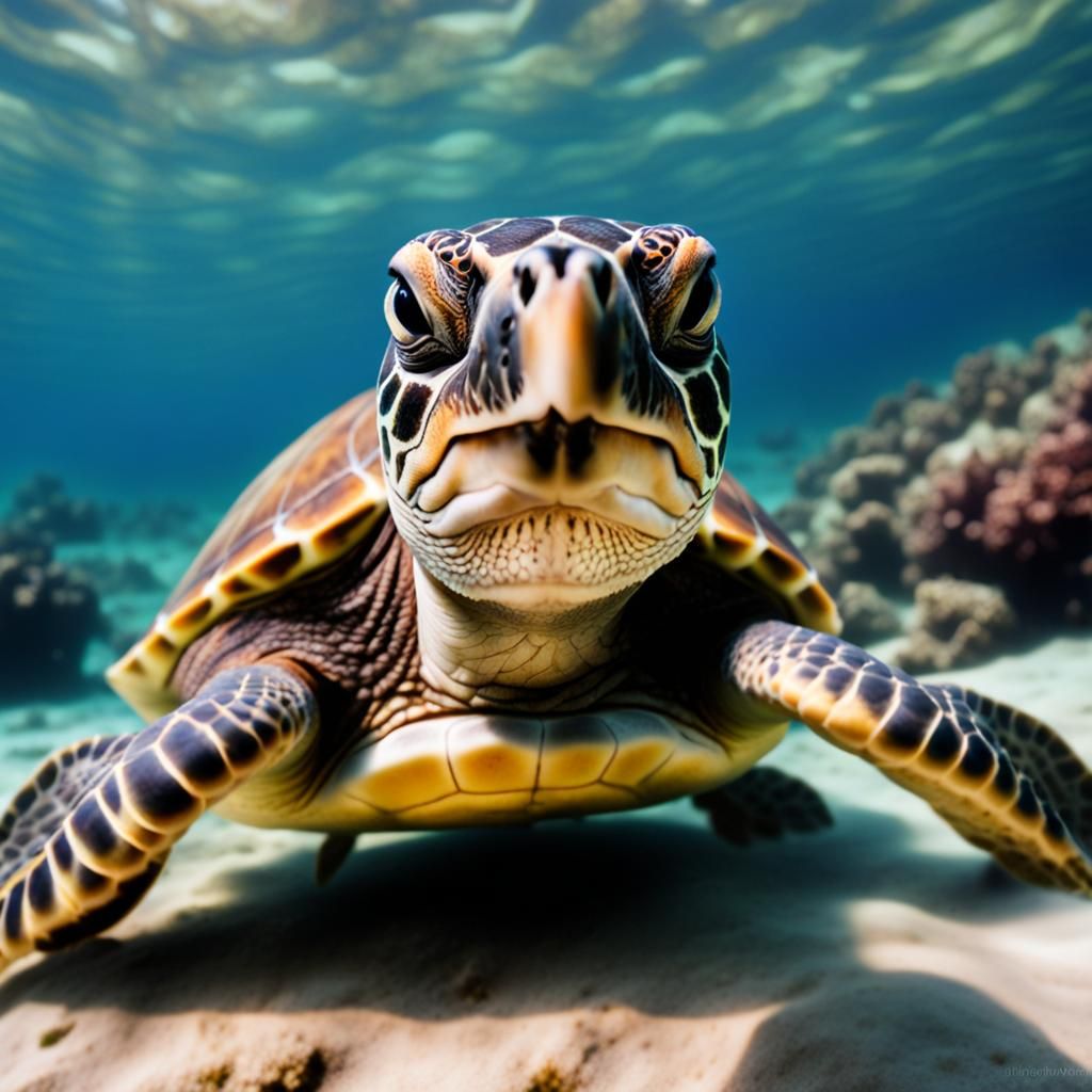 sea turtle closeup with marine background, macro 35 mm photo