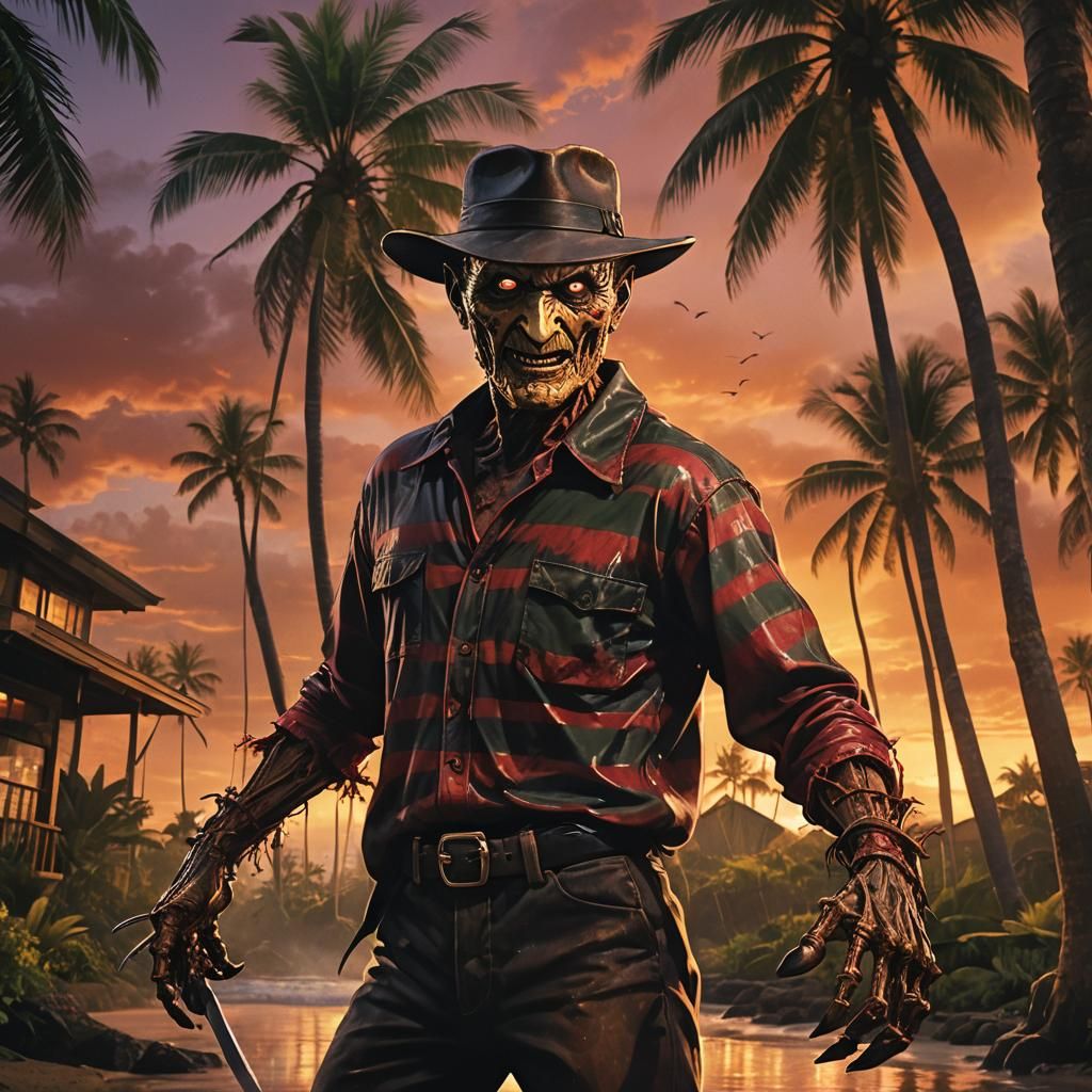 Freddy Krueger Relaxing at the All-Inclusive Hawaiian  Resort.