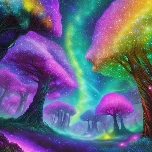 <lora:Neon Glow:1.0> A many colored fantastical forest with glowing galaxy sky
