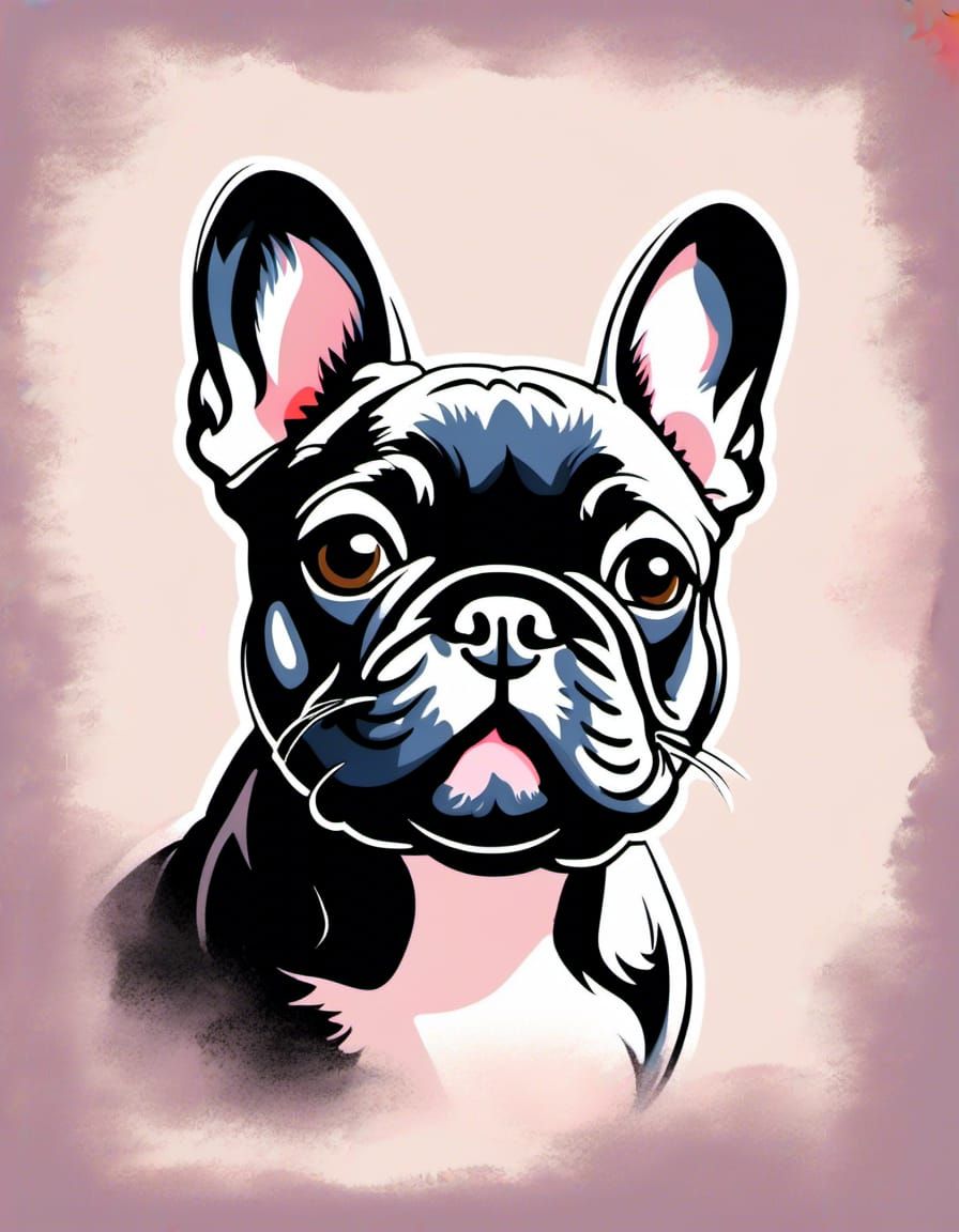 Ink wash clip-art of an adorable mischievous French Bulldog,...