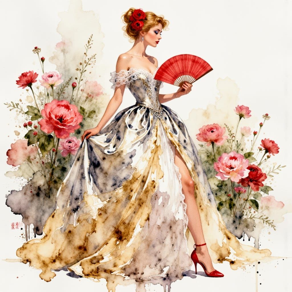 <lora:SeedreamArtcafe:1.0> An image depicts a woman in a dramatic, elegant pose, wearing a  silver and gold  dress with lace trim and red he...