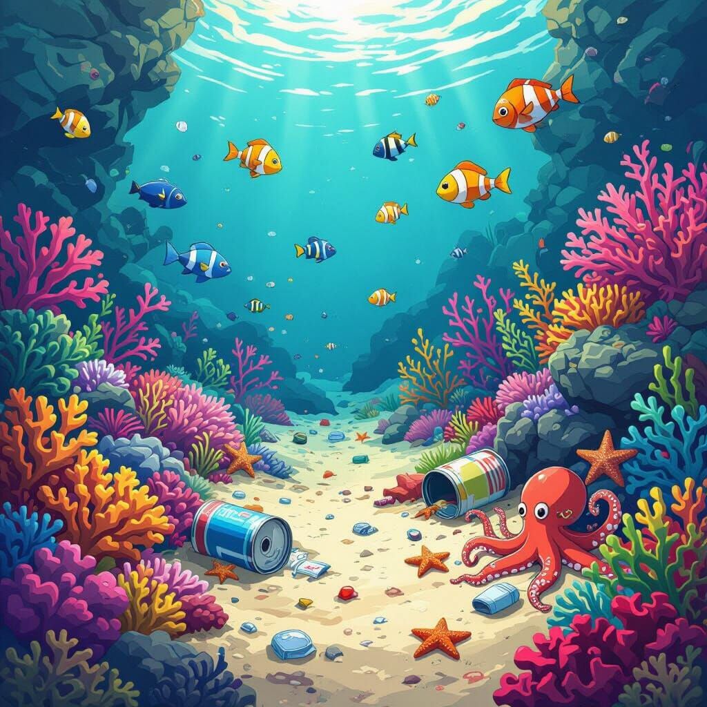 A realistic cartoon underwater scene, put trash underwater and have fish hiding it it, an octopus hiding in a can, coral reef, multiple brig...