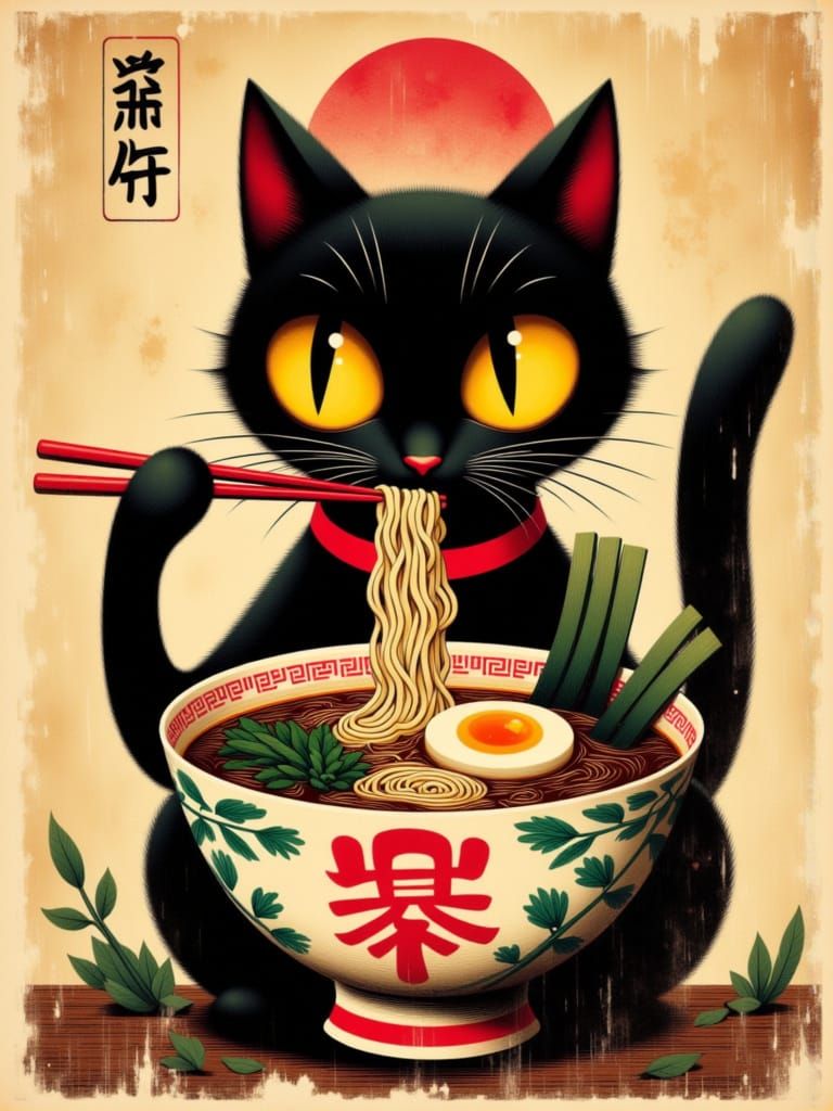<lora:SlurpCore:1.0> impasto, elegance,whimsical black cat with oversized yellow eyes and exaggerated facial expressions slurps noodles with...