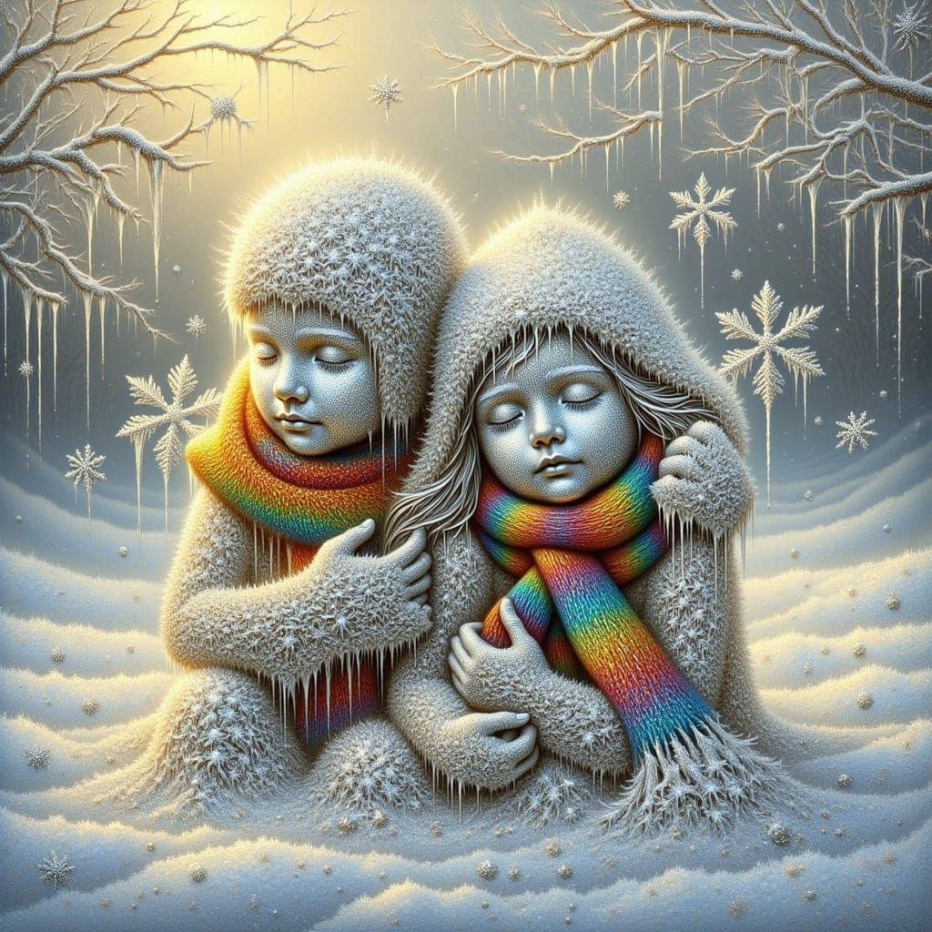 <lora:Frozen time:1.0>Imagine a group of siblings, hugging each other entirely made of shiny silver and golden snowflakes in a metallic text...