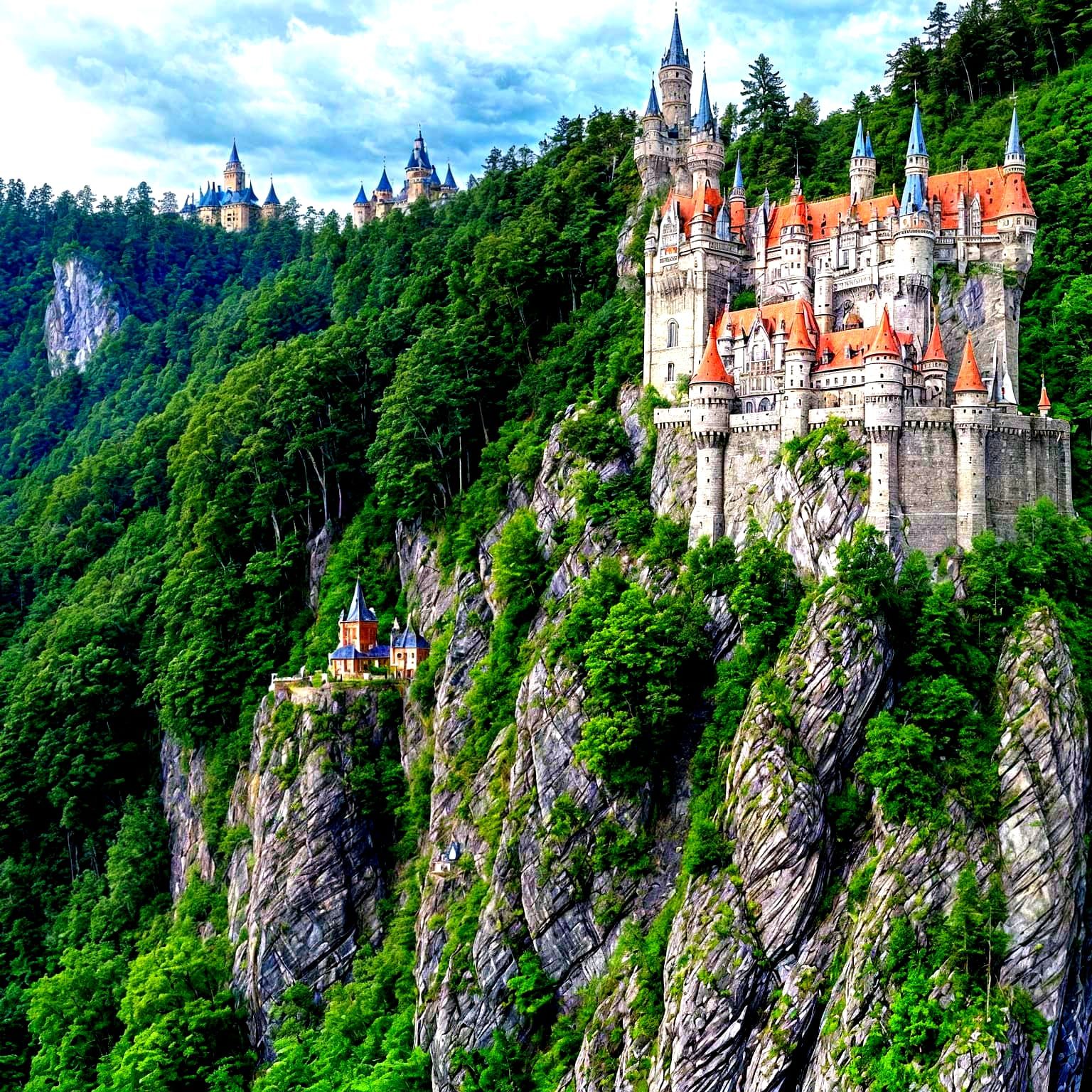 Fantasy Castle Perched on Steep Mountain Peak