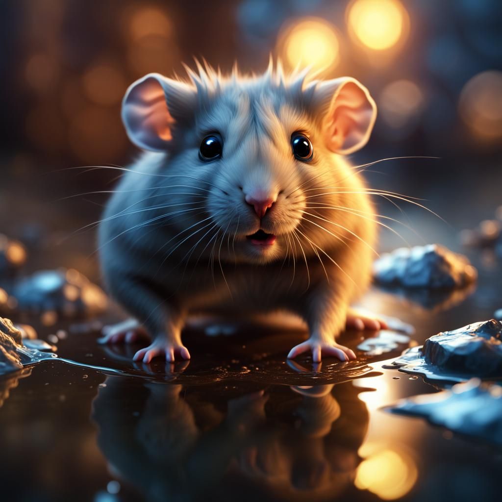 A small cute hamster cub seeing its flaiming evil and cruel ...