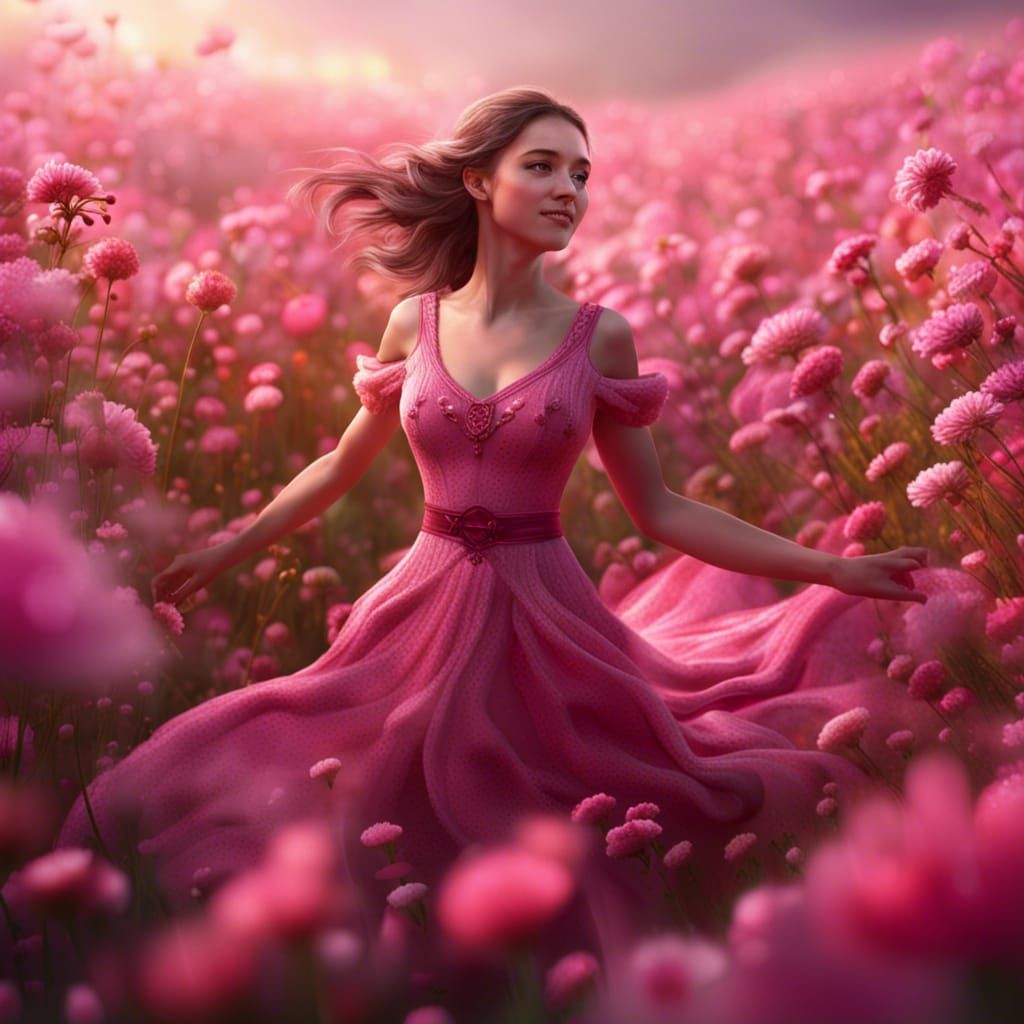 A girl in a pink dress dancing in fields of flowers