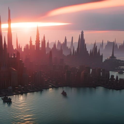 City skyline across the water at sunset