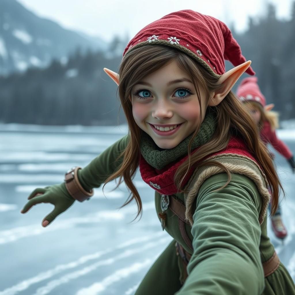 15 year old elf, brunette, skating on a lake with other elves, looking into camera having fun, smiling,