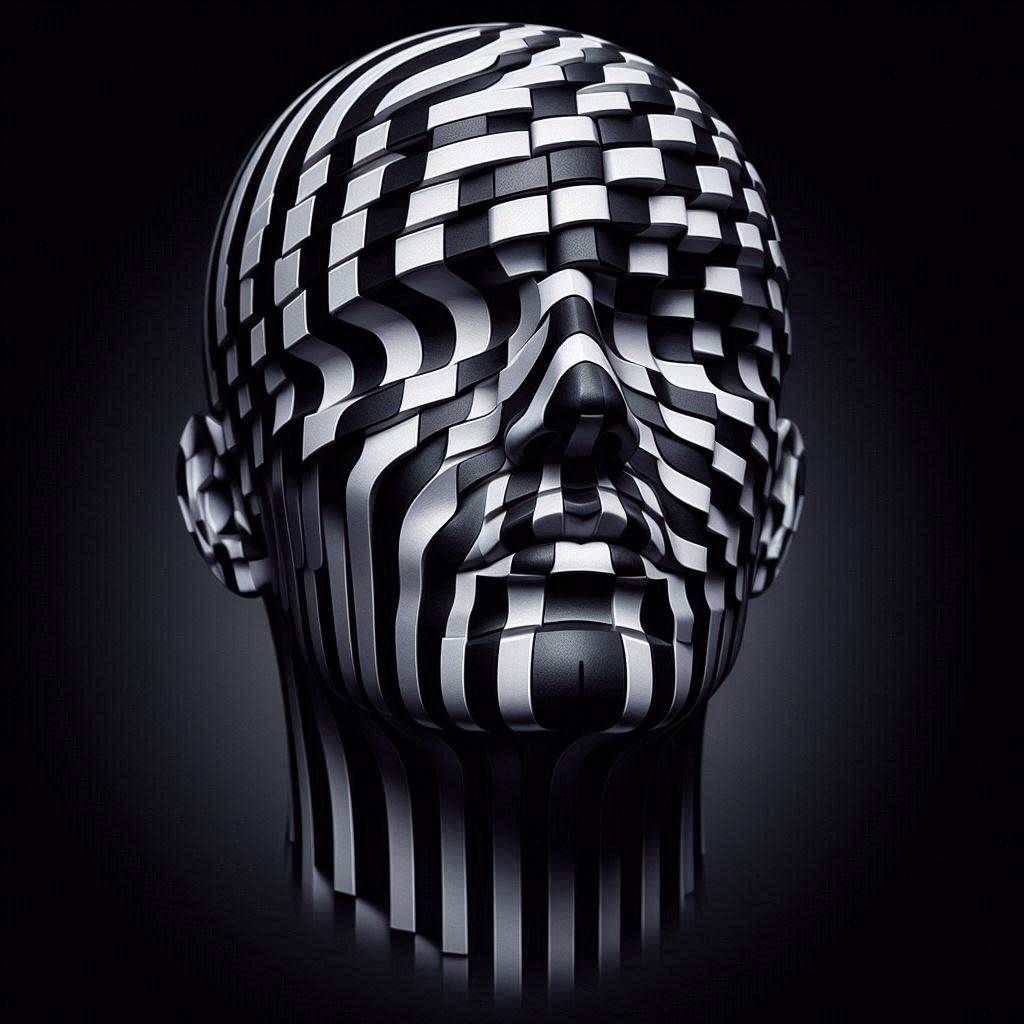close-up portrait Moving Rolling Patterned cubic Optical projecting Obese Zebra illusion maximalism;