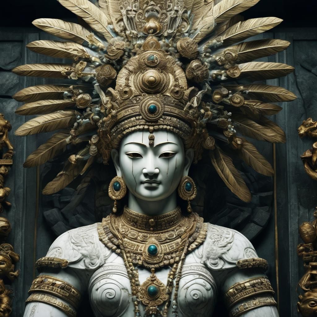 An imposing marble statue of an ancient deity, with elaborat...