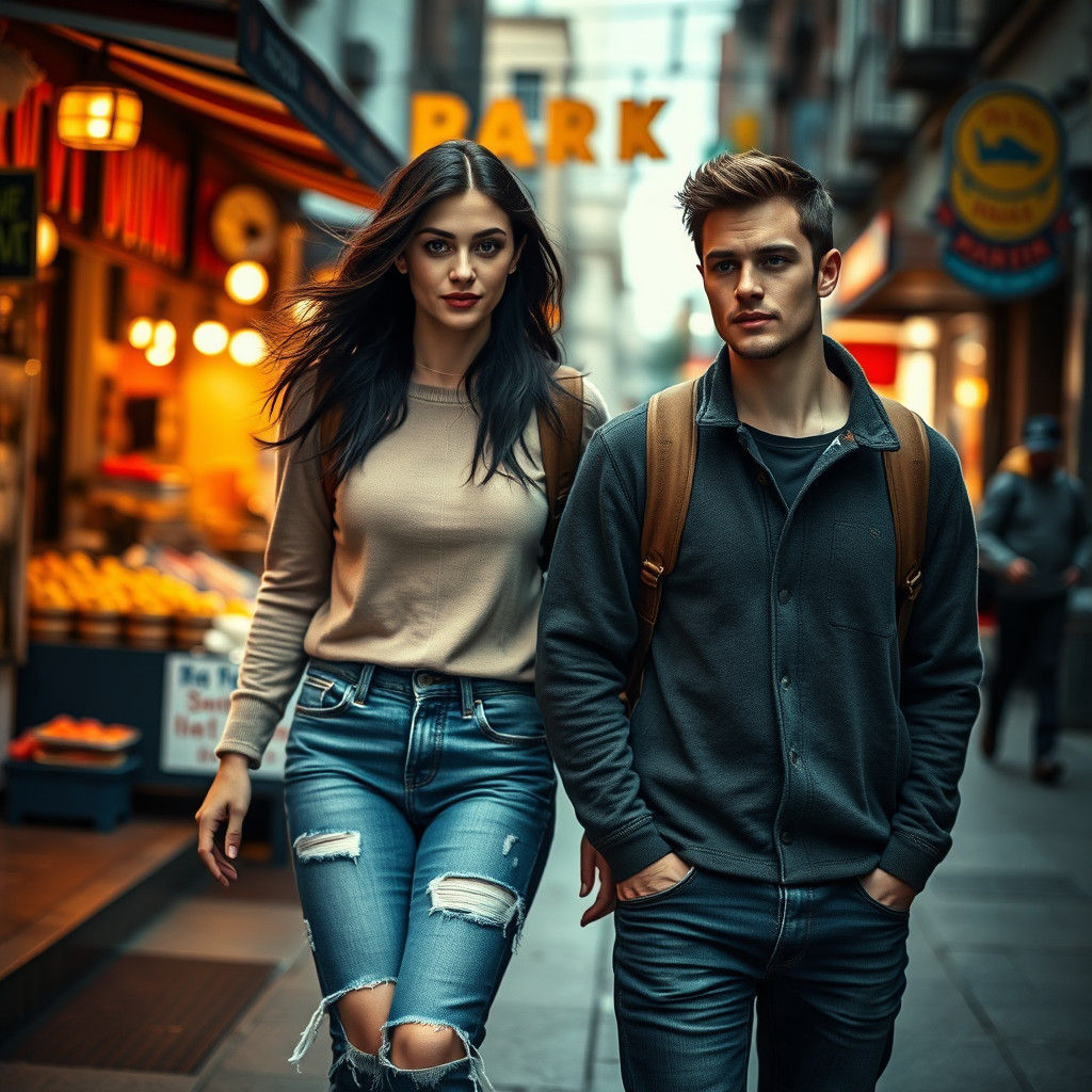 Young Woman Stumbles in City Street, in Expressionist Style