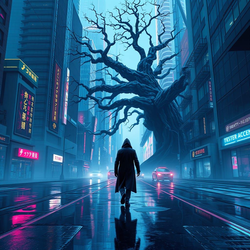 Surreal Cityscape at Dusk with Ancient Tree in Futuristic St...