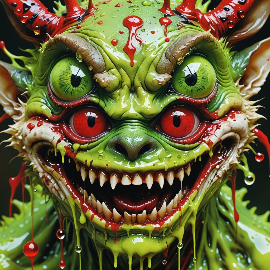 Grotesque surrealism. Close-up. Terrible ugly Gremlin with e...