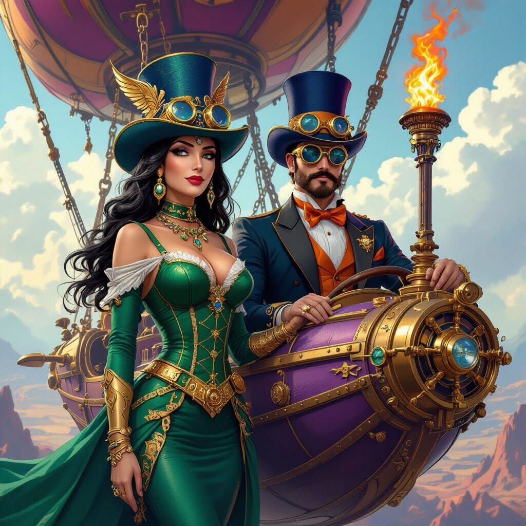 Winged Lady Nefertariel Juricha is in a steam punk style airship. The airship is Purple and Teal in coloring. She is wearing a green and gol...