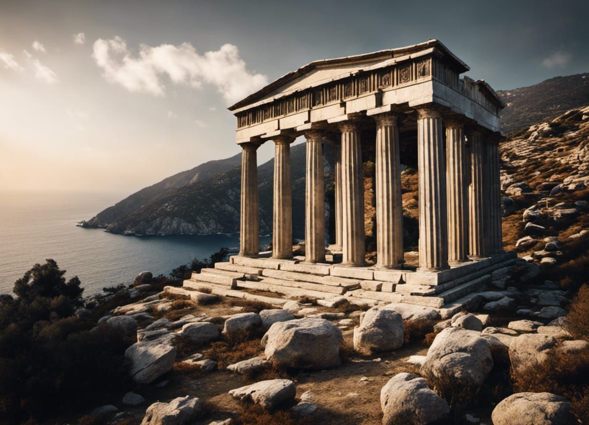 Ancient Greek temple built into the hills of the island of ikaria. AI