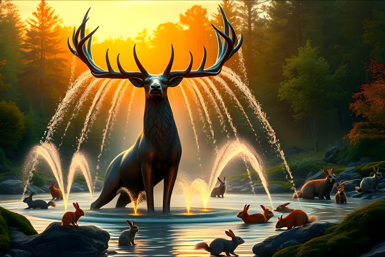 Whimsical bronze stag fountain in a magical forest  by @Gary Murakami