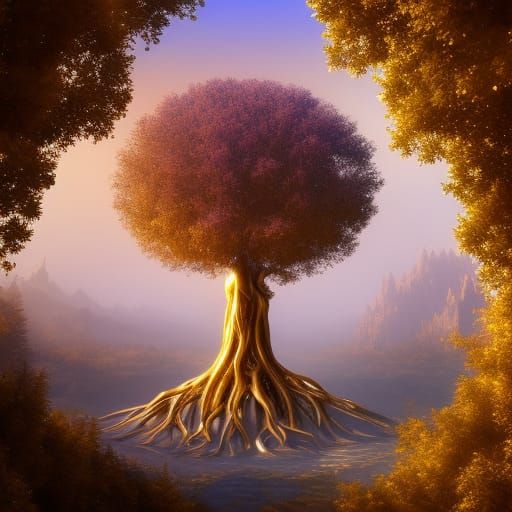 The tree of life, golden, metallic, ethereal, shining, holy