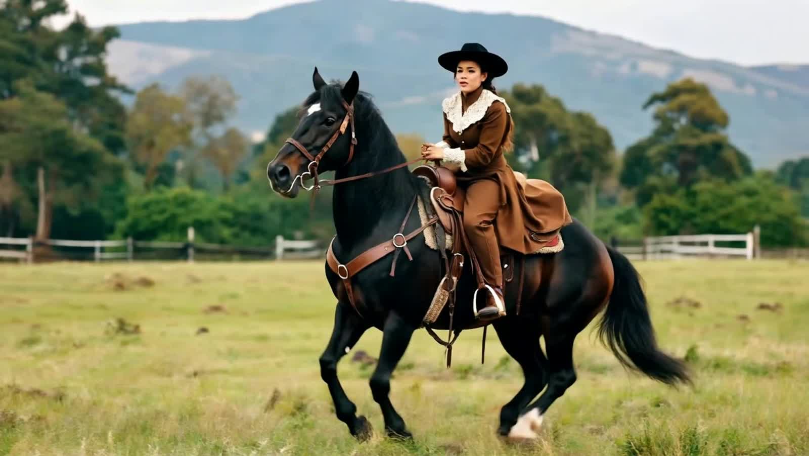 Cowgirl on the back of a stallion. Jumping as she trys to hangon.