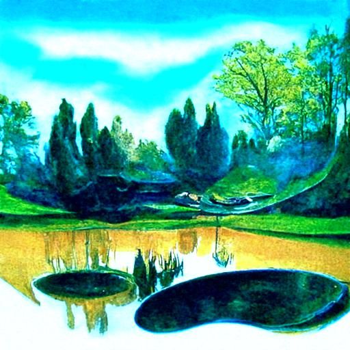 A painting of a pond reflecting a different world