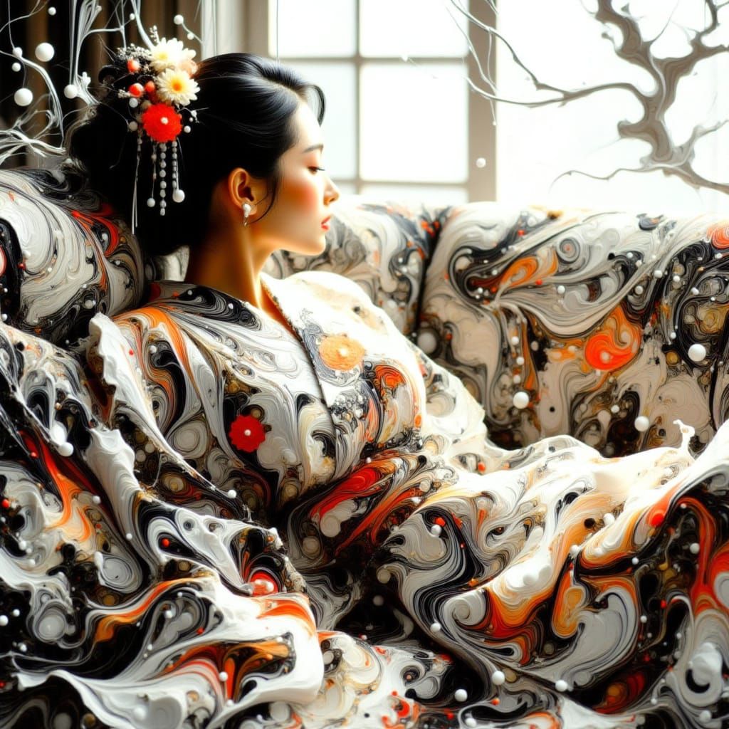 In the style of <lora:JPO:1.3> Beautiful Geisha laying down on the couch, graceful pose, under the beautiful light filtering through the win...