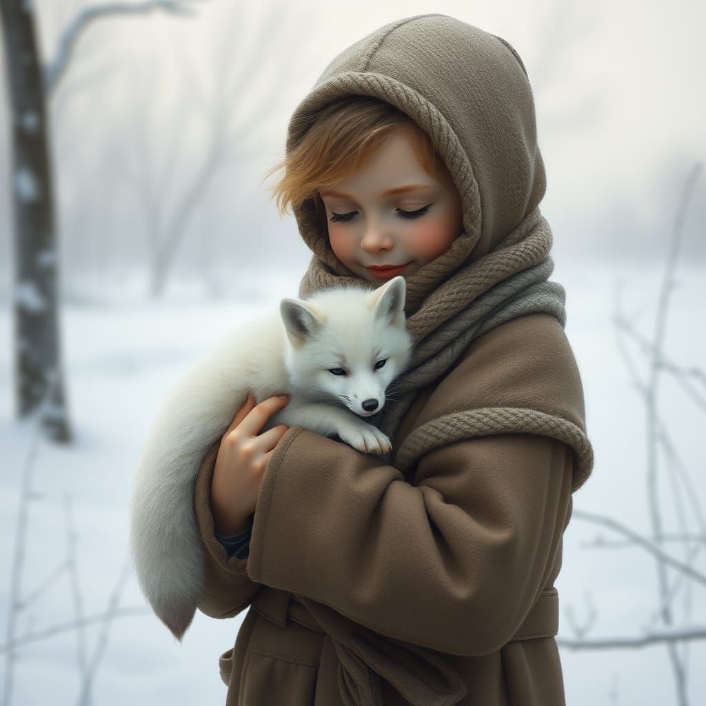A tiny tiny white fox in  a realistic older human girl with snow around  by @Kerrington Clem