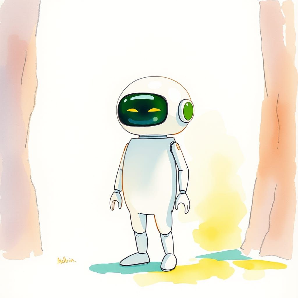 a small android, humanoid shape, white, pastel mossy green, pastel indigo blue, pastel orange yellow, gouache, watercolor, retro comic book,...