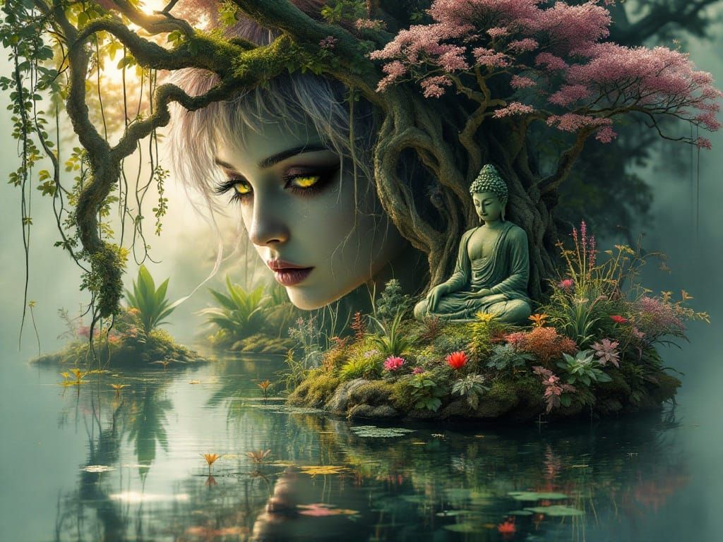 imagine a double exposure of a gothic fairy's face, her short, spiky lavender hair and piercing green ...  by @K J Baker