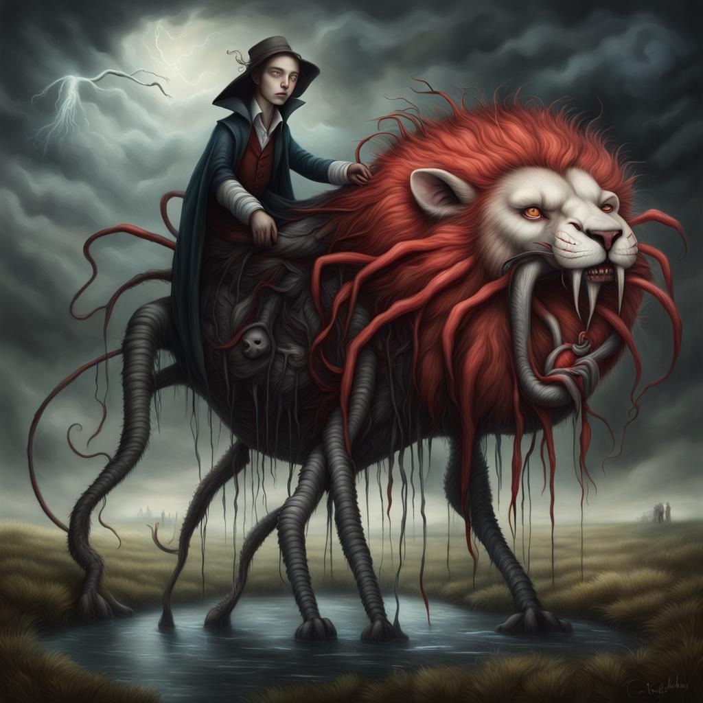 A Vampire with extra long canines, styled like a farmer is r...