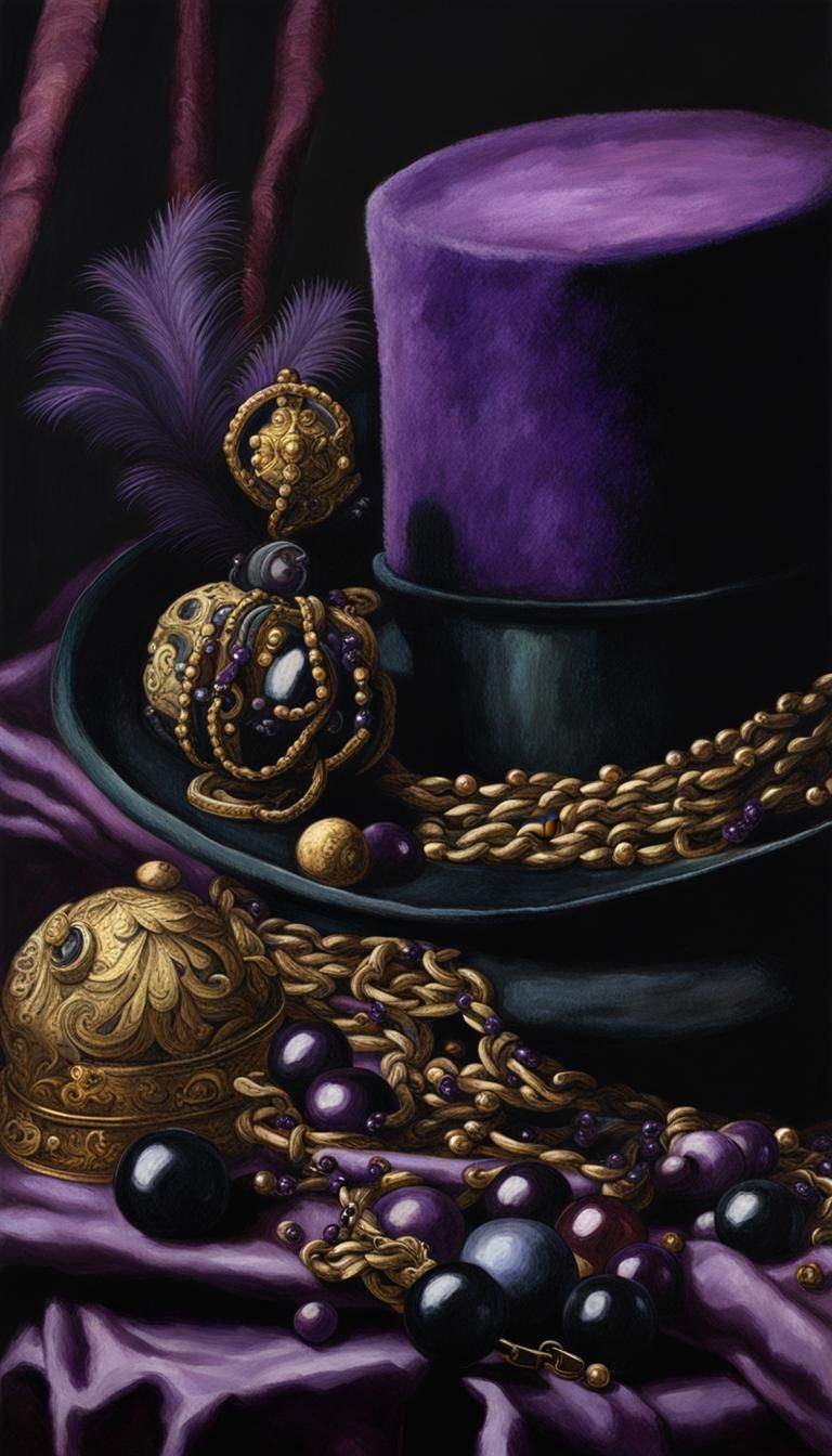 a purple hat with a black chain around it and beads on the s...