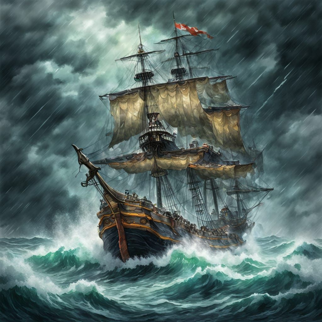 Ilustración impresionista de un galeón en una tormenta   by @Rogerio 