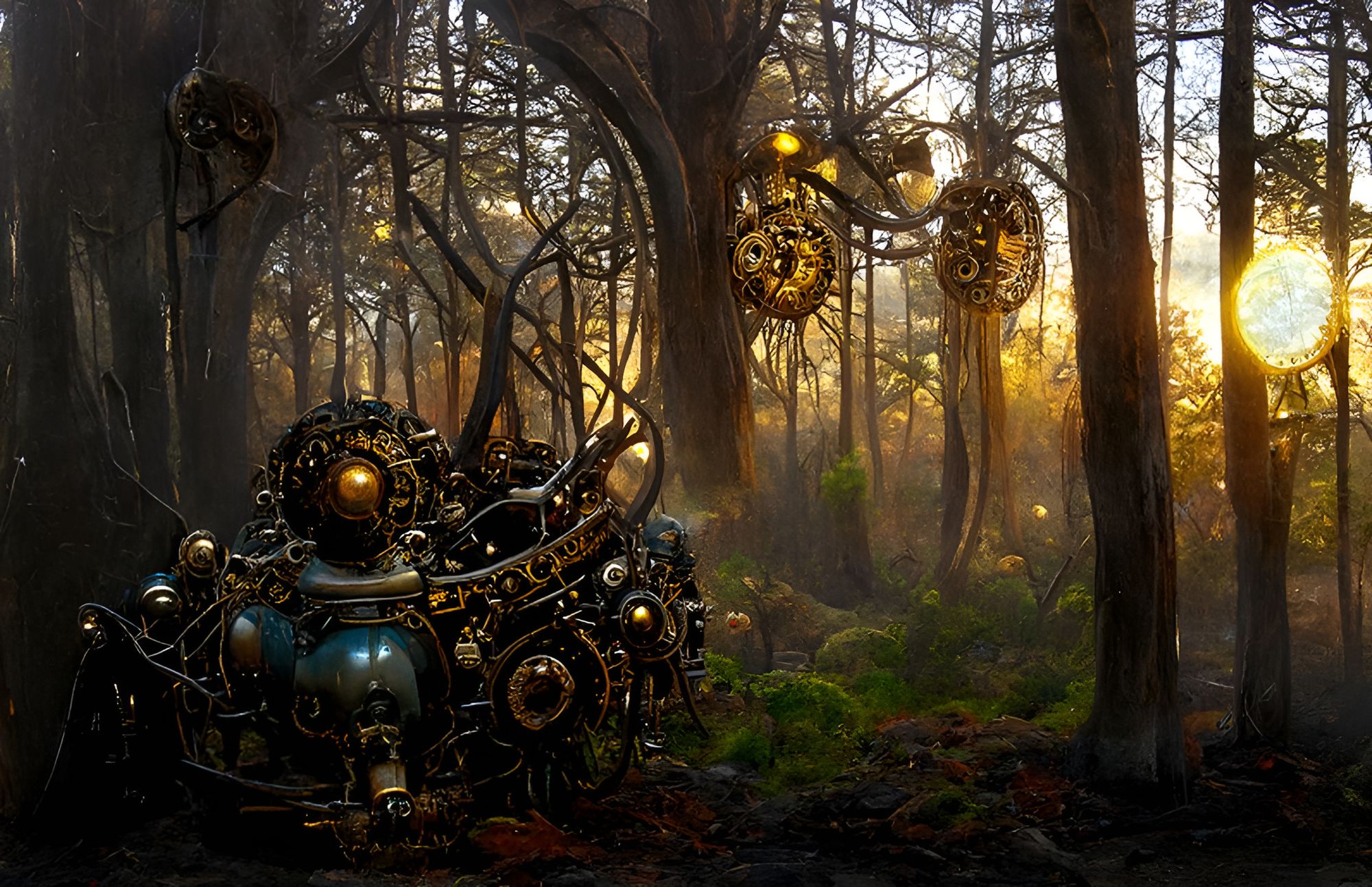 Clockwork Magical forest on sunrise r/nightcafe