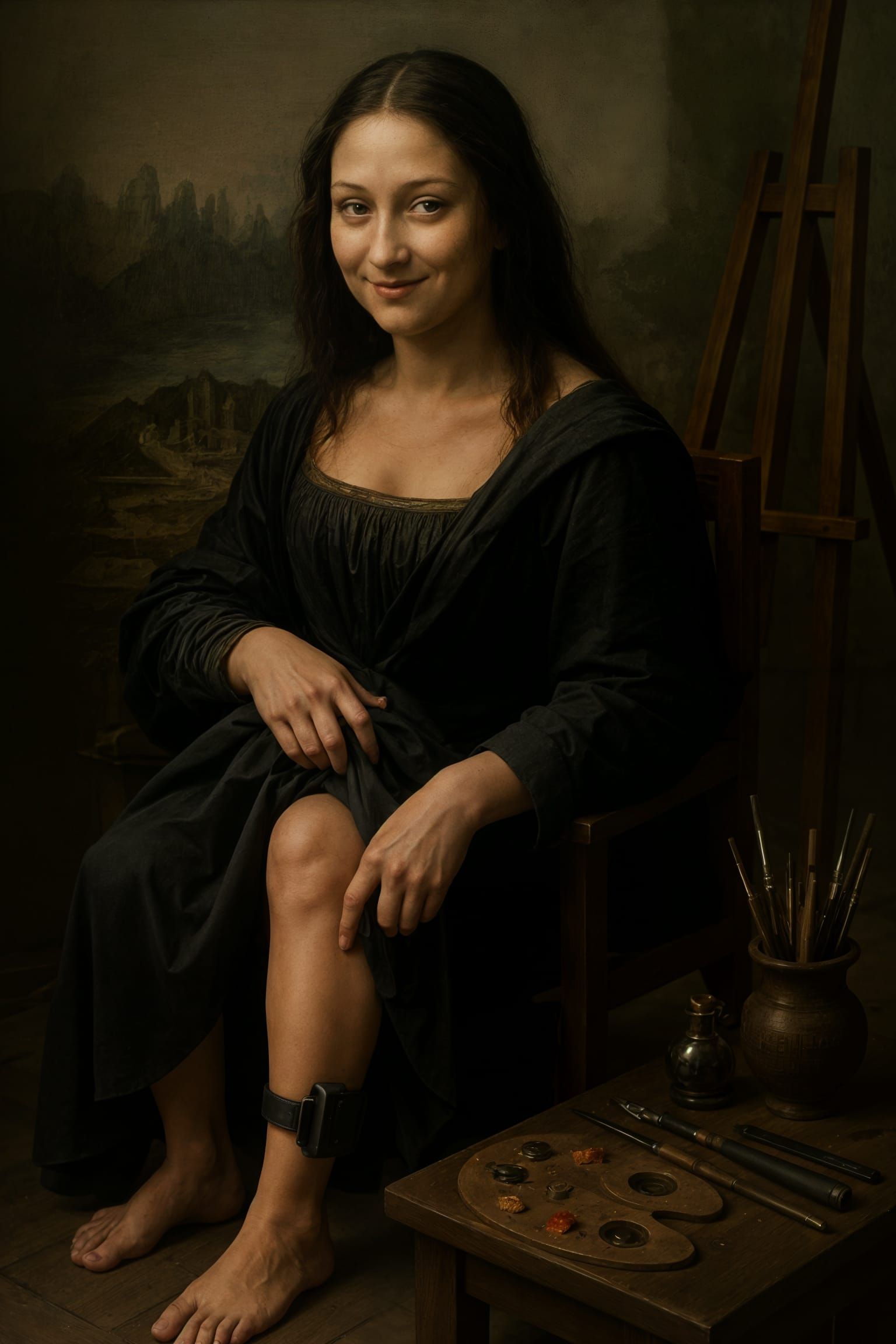 Da Vinci inspired painting of the Mona Lisa lifting up her skirt and showing an electronic ankle monitor