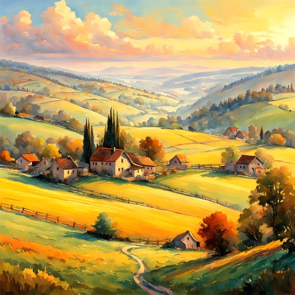 A large panoramic view with fields, green and lush , showing a farms and hills painted in a cheerful countryside masterpiece illustration  l...