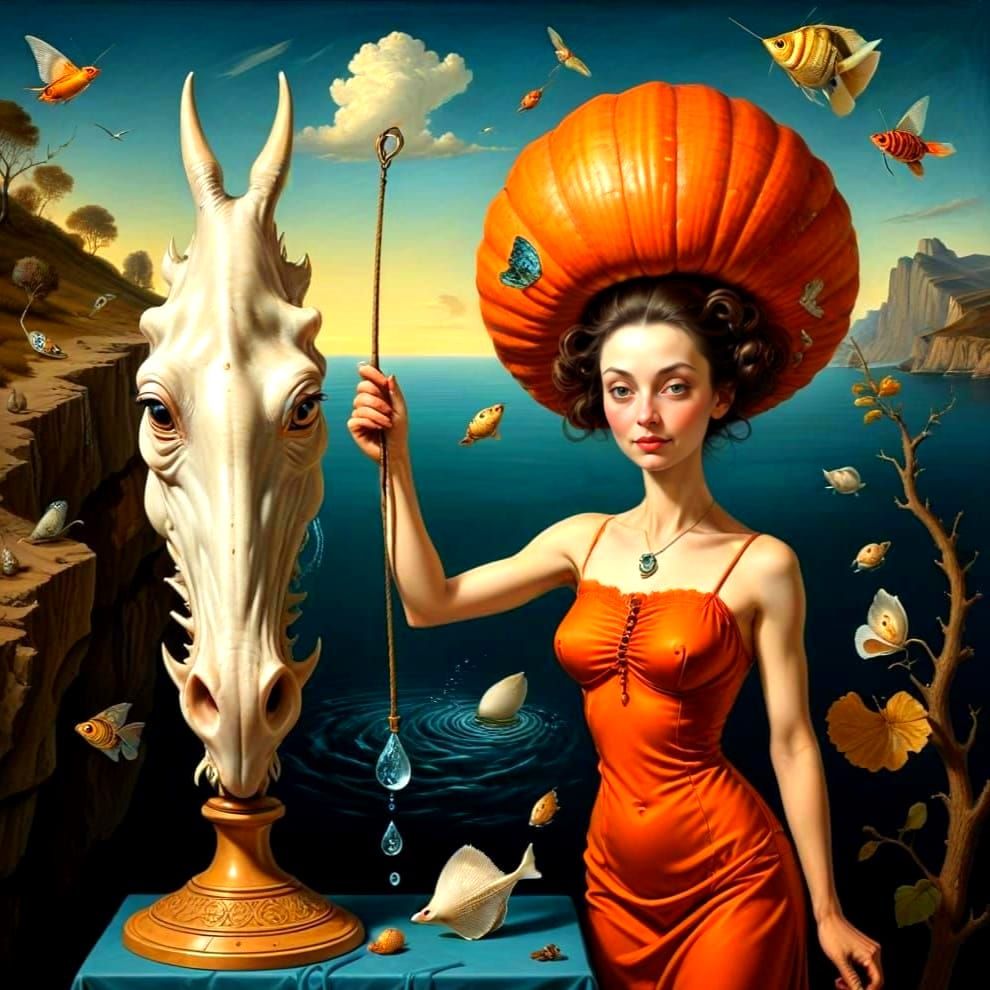 Surrealistic Lady in Vibrant Landscape with Bizarre Creature...