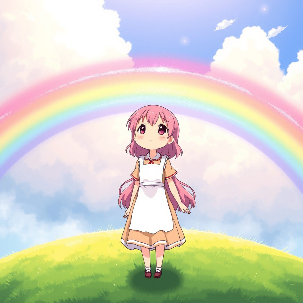 Anime Girl Gazing at Rainbow, Manga Style
