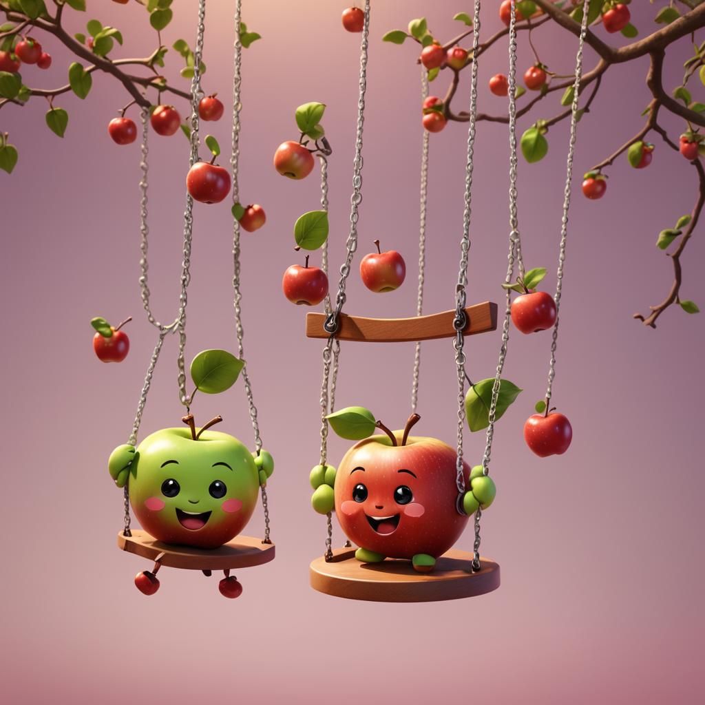 Two (Chibbi apples:1.5) smiling, swinging on the swing