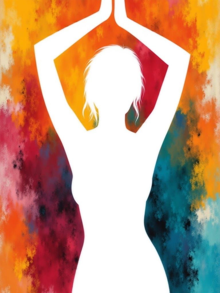 <lora:Messy chalk:1.0> White silhouette outline of a female, arms raised Background a vibrant shapes, geometric and runic images