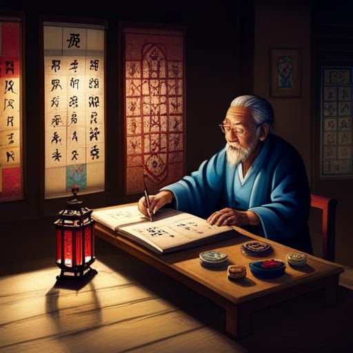 Ancient Scholar Studying Luoshu Patterns in Traditional Stud...