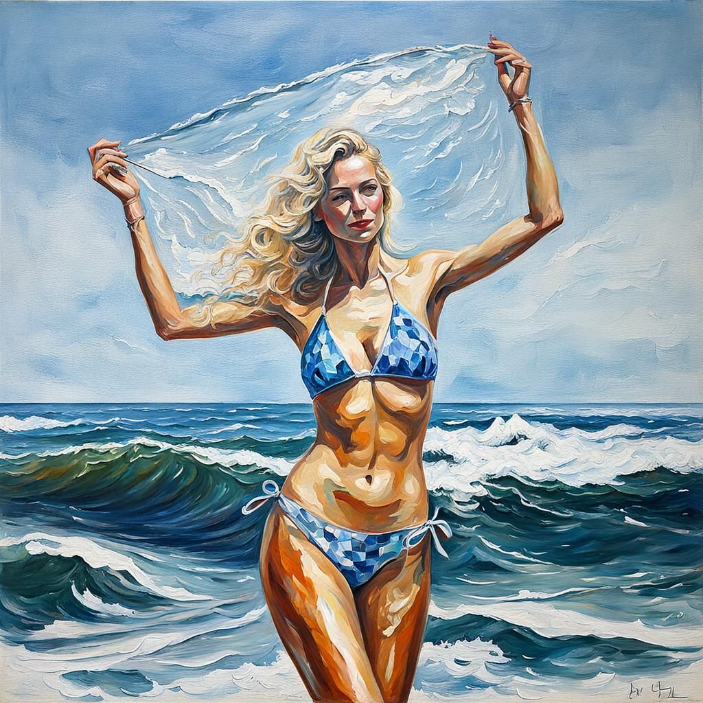 Bikini Supermodel Amidst Waves in Expressionist Oil