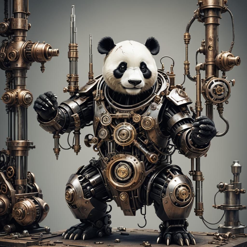 A futuristic mechanical panda eating metal rods