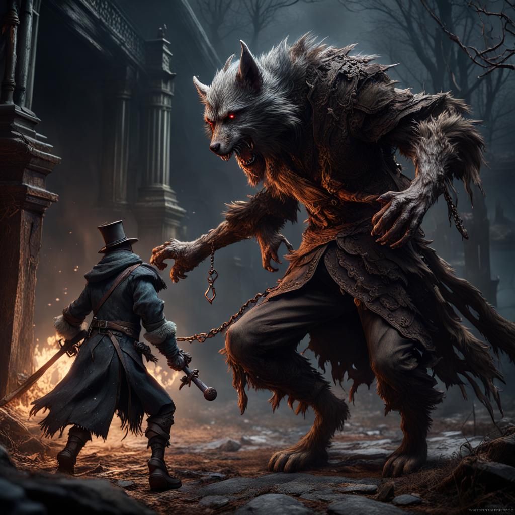 Bloodborne Werewolf vs Cleric Beast: Detailed Matte Painting