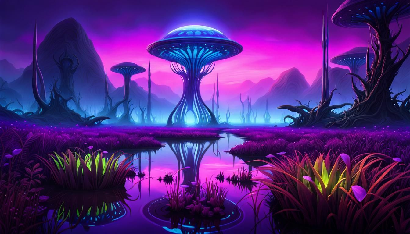 alien marsh with fluorescent multi colored flora and purple water, a masterpiece, intricate details, ...  by @Ed Evans
