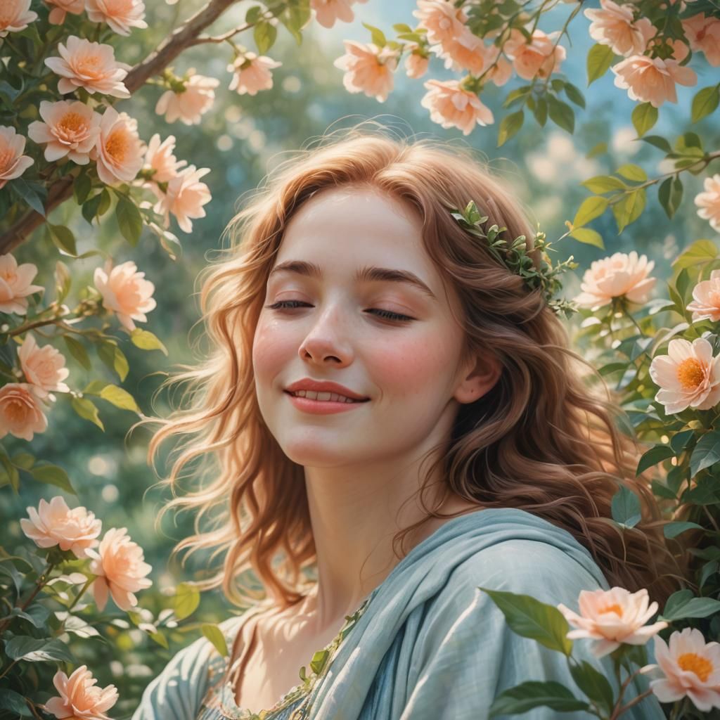 Dreamy Woman in Lush Greenery, Pre-Raphaelite Style