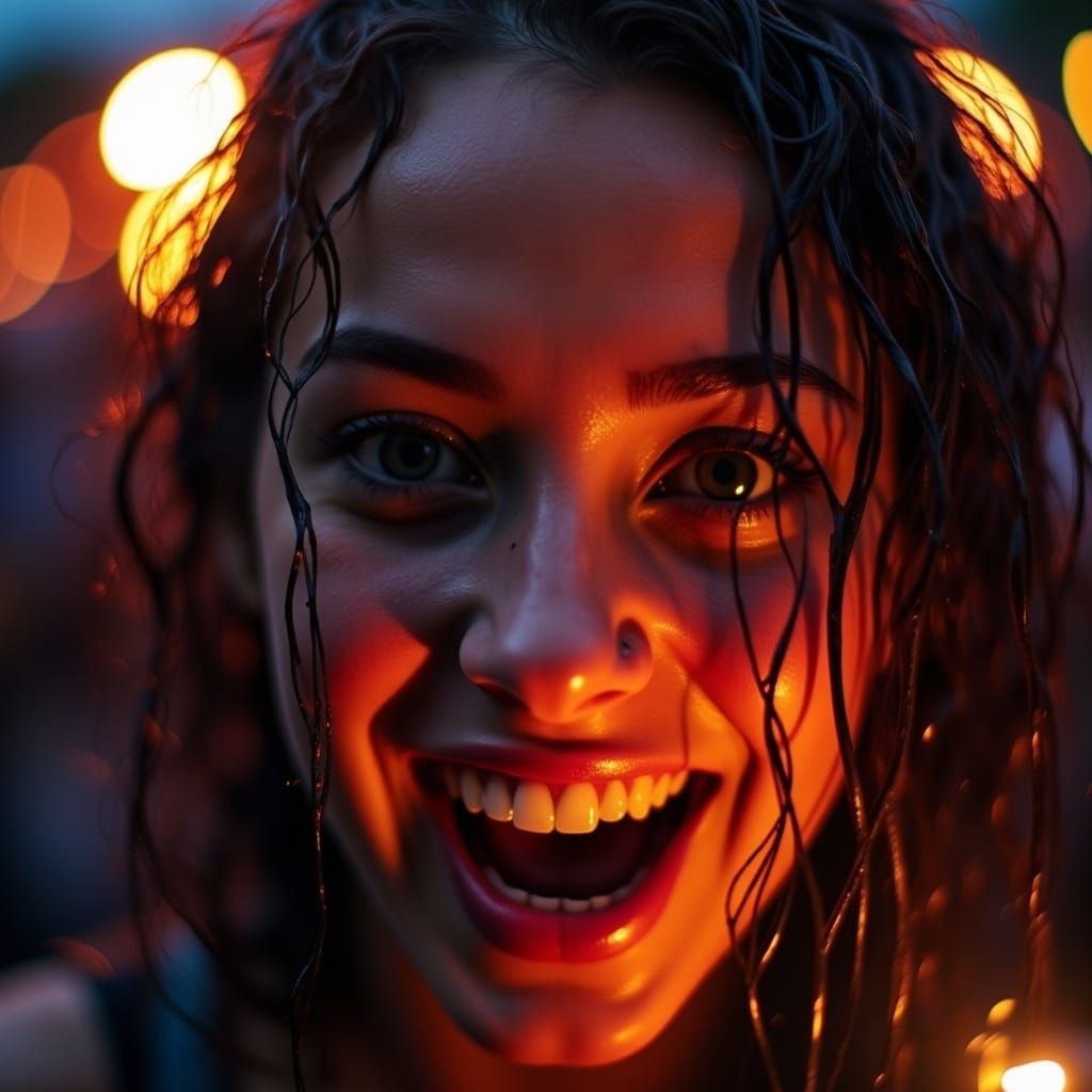 <lora:FreeRain Flux:1.0>  A close-up of a woman with rain-drenched hair, her face glowing with excitement as festival lights reflect in the...