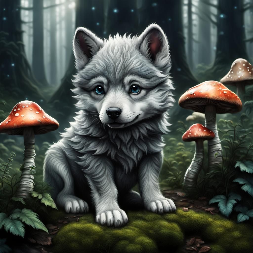 Cute Wolf Puppy and Magic Mushroom in Forest