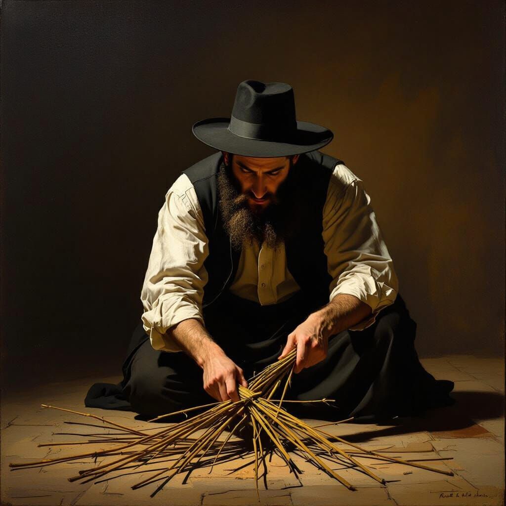 Haredi Man Strikes Willow Branches in Baroque Style