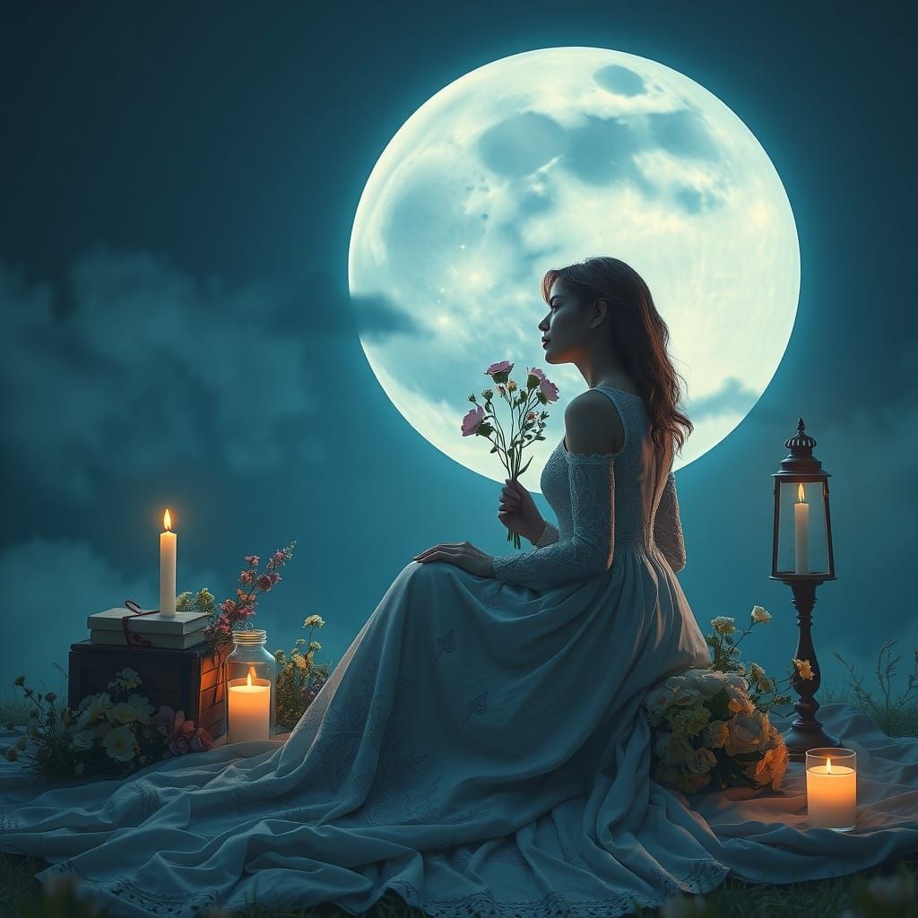 Romantic Moonlit Woman in Dreamlike Cinematic Style