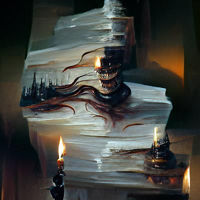 Melting lit candles perched on top of a spine in the dark